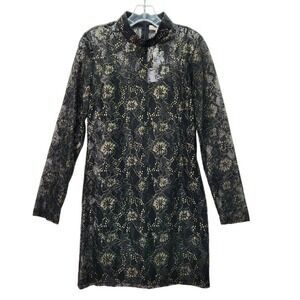 WAYF Lace Dress Womens M Cassidy Black Floral Long Sleeve Gold Metallic Sheath